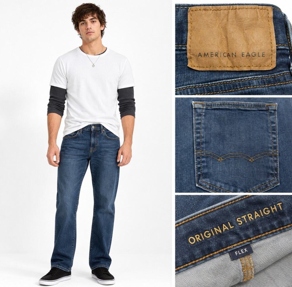 Y2K Indie American Eagle Original Straight Flex Jeans Size 32x29 Medium Wash